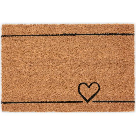 Relaxdays Felpudo de Entrada, Coco, Alfombrilla para Puerta, Corazón, 40x60 cm, Interior y Exterior, Natural y Negro