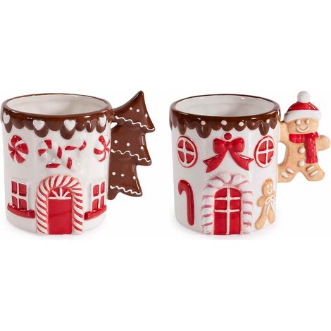 Tasses de Noël en céramique décor pain d'épices en relief, anse façonnée, set de 2, diam. 9,5 x H. 10 cm