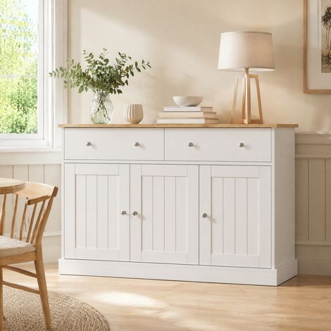 Buffet 120 x 36 x 80,5 cm, 3 portes, 2 tiroirs, blanc et bois, DESVIAE (1/5)