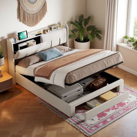 Bett 140x200 cm - Beigefarbenes Velours - Integrierte LED - Aufbewahrungsschublade - Kopfteil mit USB