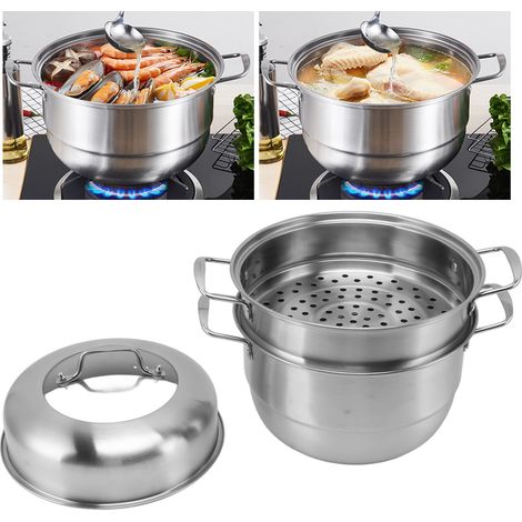 Casserole Étagère à Vapeur en Acier Inoxydable avec Double Poignée - 3 Étages, Verre Trempé, Ø28cm (1/4)