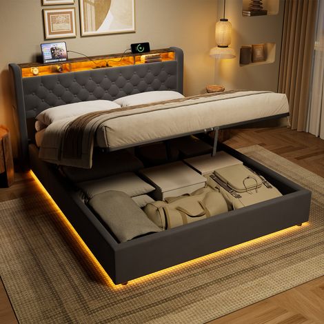 Lit tapissé 160 x 200 cm, tête de lit pliable avec espace de rangement intégré pour un rangement pratique (1/5)