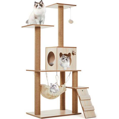 Arbre à Chat en Bois avec Hamac et Griffoir, Tour d'Activité Compacte pour Chats Moyens et Grands, Structure Stable, Design Moderne (1/5)