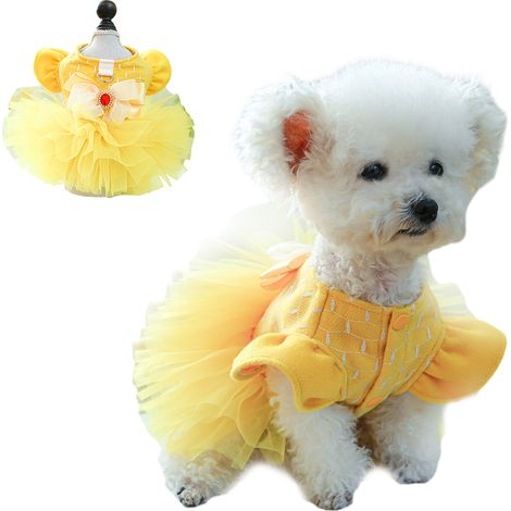 1 robe pour chien, polyester jaune, automne-hiver, taille S/M/L/XL, pour petits chiens et chatons femelles (1/5)