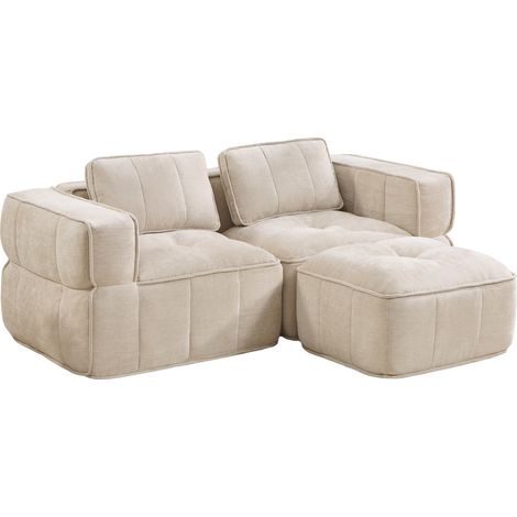 Modulares L-Sofa mit Pouf, 2-Sitzer, beiger Polyester, 198 x 162 x 67 cm (1/5)