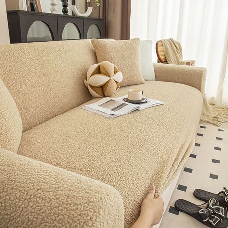 Housse de coussin de canapé 1 place en tissu teddy extensible, amovible et lavable, couleur kaki, 90–140 cm (1/5)