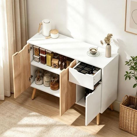 Aparador de estilo escandinavo, aparador con cajones y puertas, mueble de entrada, cómoda. (1/5)