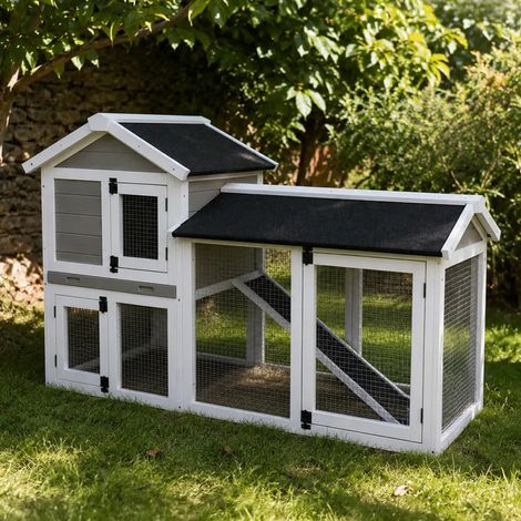 Clapier Lapin Boisparc Blanc & Gris - 147x53x85cm avec Parc Grillagé (1/5)