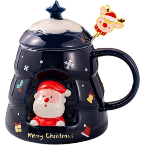 Tasse de Noël en céramique mignonne 3D - Motif Père Noël et élan - 450 ml - Tasse à café avec agitateur - Cadeau pour femmes, hommes, filles (Père Noël 3D) bleu (1/5)