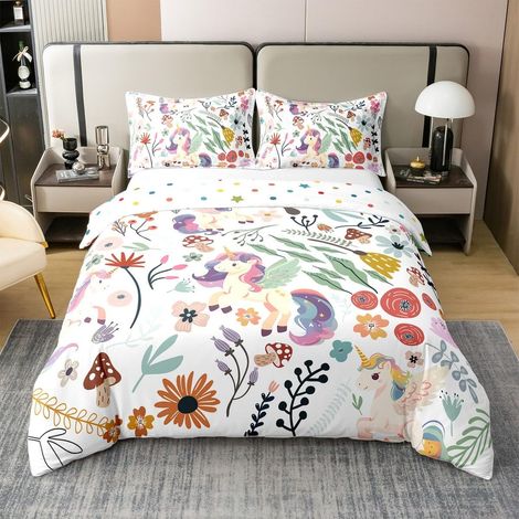 Unicorn Cotton Duvet Cover for Girls, Cartoon Wonder Animals Comfort Cover, Rainbow Bedding Set for Children, Vegetable Duvet Cover 200 x 200 cm (1/5)