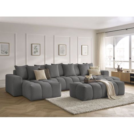 Bobochic – Canapé panoramique fixe 440 cm – 6 places – Tissu chiné déperlant – 2 méridiennes et pouf inclus – Confort ultra moelleux (1/5)