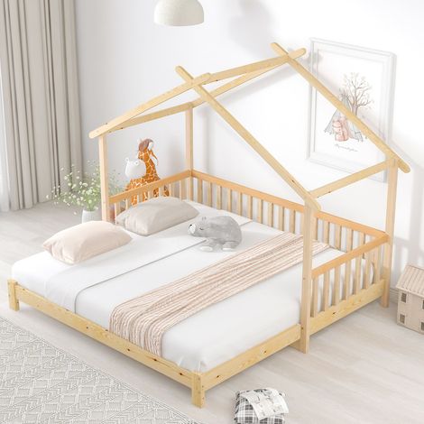Lit cabane extensible 200x90cm et 200x180cm en bois massif naturel, simple et double (1/5)
