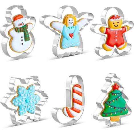 Set d'emporte-pièces de Noël - 6 formes : Bonhomme Pain d'Épices, Flocon, Sapin de Noël, Ange, Bonhomme de Neige, Canne à Sucre, adapté aux fêtes. (1/4)