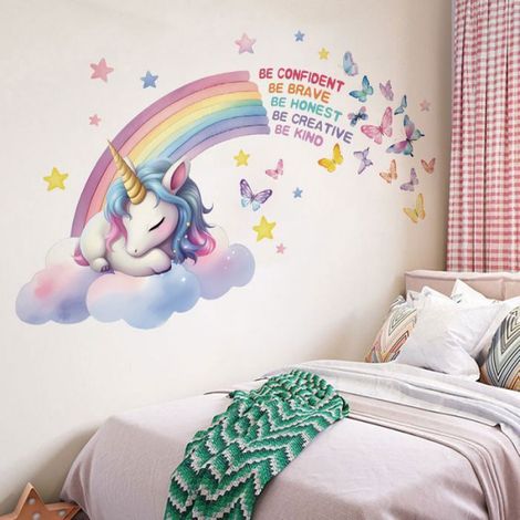 Autocollant Mural avec Licorne Arc-en-Ciel - - Nuages et Papillons, Stickers Muraux pour Chambre de Fille Salle à Manger (1/4)