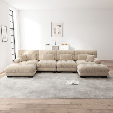 Divano angolare modulare, set di divani a U per soggiorno, comodi divani a nuvola a 4 posti con pouf mobile, combinazione fai-da-te, ciniglia, marrone chiaro