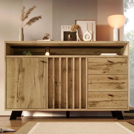 Buffet/commode à 3 tiroirs et 2 portes, meuble de rangement avec compartiment ouvert et façade à lattes, style vintage, idéal pour le salon, la salle à manger, le couloir ou l'entrée, en chêne foncé, (1/5)