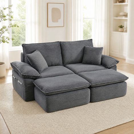 Divano 2 posti modulabile senza montaggio con poggiapiedi e tasche, grigio chiaro DESVIAE (1/5)