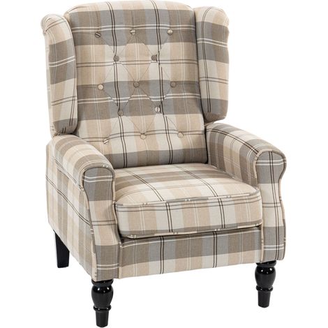 Wingback Accent Chair, High Back, 86 x 74 x 102 cm, Khaki Plaid (1/5)