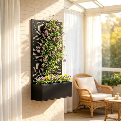 Jardinière avec treillis, bac à fleurs rectangulaire grand format, brise-vue en métal 61 x 23 x 113 cm (1/5)