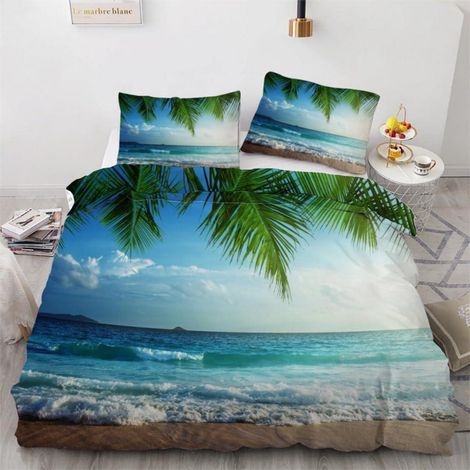 Ensemble de literie 155x220 cm 3 pièces Microfibre Tropical Palm Beach Motif 3D Housse de couette réversible avec fermeture éclair