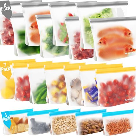 Pack of 20 Reusable Freezer Bags, Freezer Bags with Zip for Food, Sandwich Bag Storage and Stand Up, BPA Free Silicone Freezer Bags (1/5)