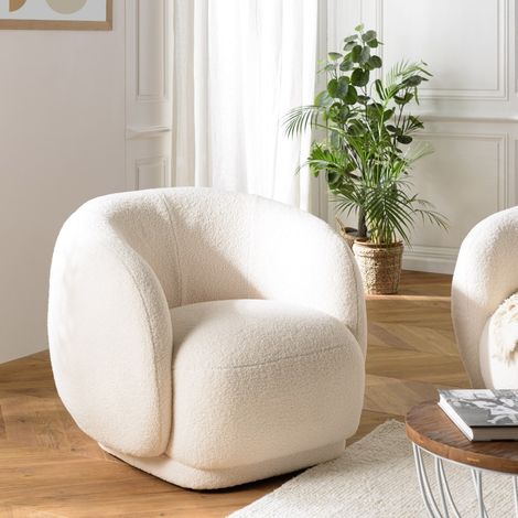 LEOPOLD - Fauteuil arrondi en tissu bouclette blanc (1/5)