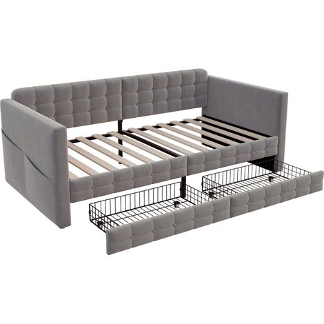 Letto imbottito 90 x 190 cm grigio in velluto con tasche laterali e 2 cassetti (1/5)