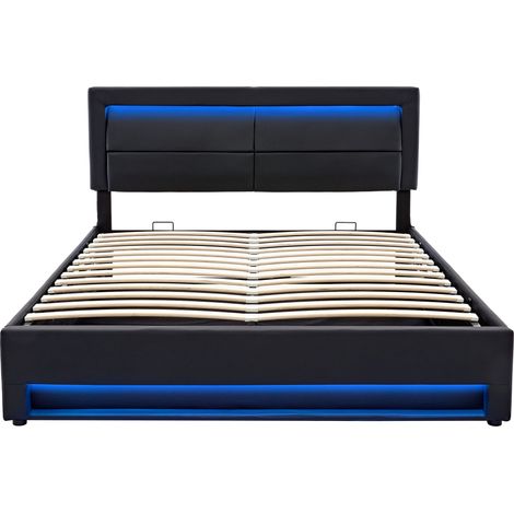 Polsterbett 140 x 190 cm aus schwarzem PU mit LED, USB und Stauraum, ohne Matratze (1/5)