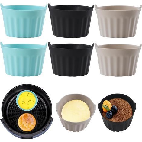 6PCS Moule Silicone Air Fryer,Plat Pour Friteuse Sans Huile,Coupe Moule,Moule Pour Gâteau Au Four,Moule à Tarte Aux Oeufs,Air friteuse Accessoires, Silicone Bakeware,Noir + gris+bleu (1/5)
