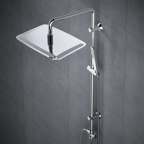 Görbach Colonne de douche chromée pour robinetterie existante, XXL tête de douche rectangulaire 35x25 cm, compatible avec les perçages existants (1/5)