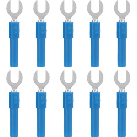 Connecteurs filaires Y en laiton 10 pièces, type fourche, trou 4mm/0.2in, taille 6mm/0.2in, fiche banane, max 30Vac‑60Vdc, 10A, bleu (1/5)