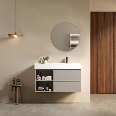Mobile bagno sospeso 100 cm Grigio Cenere Lavabo a Destra in Resina Specchio Tondo - Fiji Paint Plus