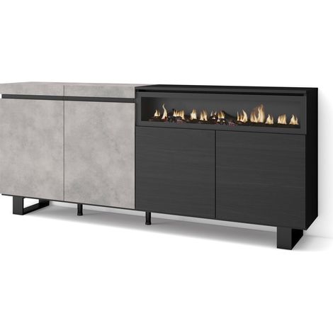 Skraut Home - Aparadores para salón, Gran capacidad de almacenaje, 200x87x35cm, 4 Puertas, Chimenea eléctrica, Diseño industrial, Estilo Moderno, Gris Cemento (1/5)