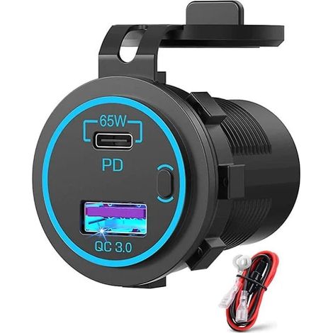 Prise USB PD 12 V 65 W pour ordinateur portable, chargeur de voiture USB-C, adaptateur multiport étanche pour voiture, bateau, camion (1/5)