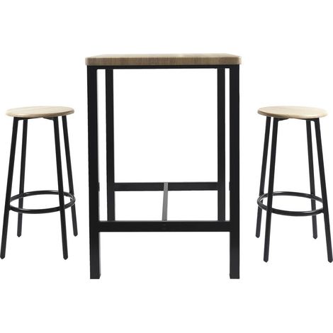 Altobuy – Ensemble table haute 60x60cm et 2 tabourets – MDF avec revêtement aspect bois – Pieds métal noir – Style industriel moderne (1/5)