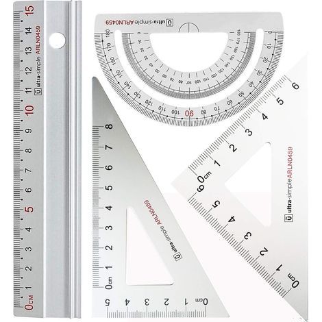 Set di righelli da architetto in metallo - Set di 4 pezzi per disegno tecnico e geometria, strumento di geometria matematica, goniometro, triangolare (argento) (1/4)