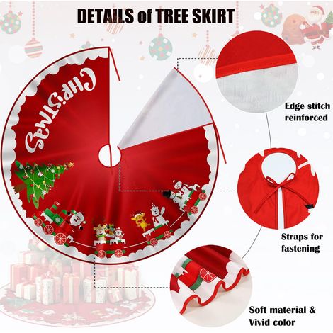 Gonna per albero di Natale 91,4 cm, copertura per base albero di Natale, in tessuto rosso e bianco, per decorazioni natalizie, feste, casa, giardino (trenino di Natale) (1/4)