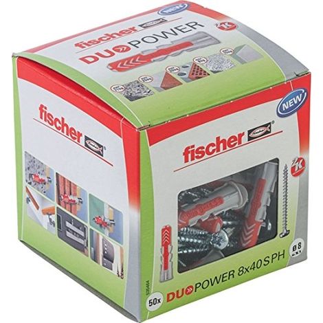 Fischer – Cheville DUOPOWER 8x40 mm – Pour béton armé et matériaux pleins – Charge maximale 50 kg – Lot de 50 pièces – Vissage facile sans rotation