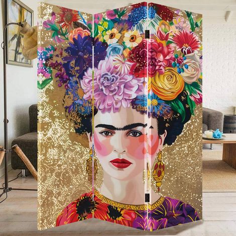 Paravento Separé 3 Pannelli Struttura Legno Divisorio con Frida Kahlo 180x120cm (1/4)