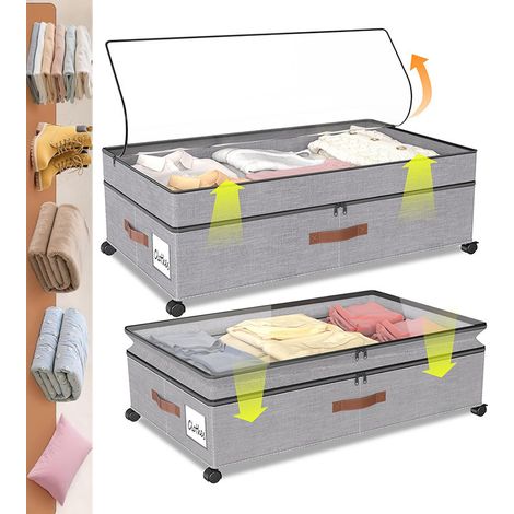 Set di 2 Contenitori Sottiletto con Ruote — Coperchio Trasparente, Doppia Cerniera e Maniglie — per Riporre Abbigliamento, Scarpe e Coperte —grigio