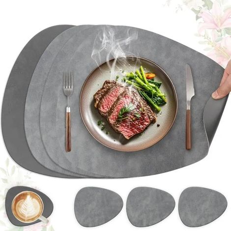 Set de table lavable et antidérapant, lot de 4 en cuir PU double face, ovale 41x33cm (gris + gris - Gris + Gris Foncé Ovale Lot de 4 (1/5)