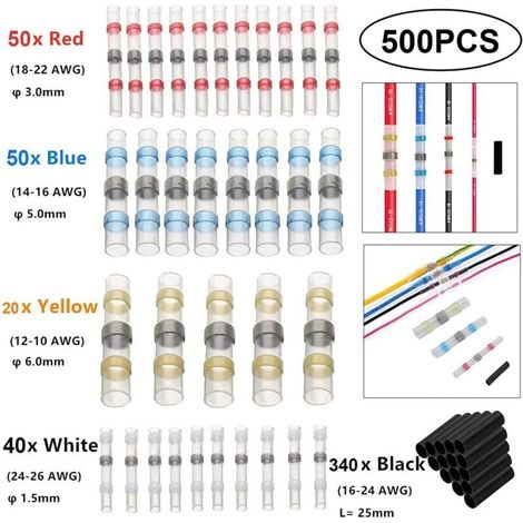 500 Stück Lötverbinder – Stoßverbinder mit Schrumpfschlauch – Lötverbinder-Sets – Isolierte, wasserdichte Kabelklemmen für Automobile und Schiffe (1/4)
