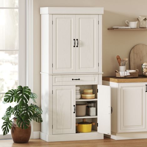 Buffet de cuisine de style colonial avec 2 placards et un tiroir, 80 x 35 x 180 cm, blanc (1/5)