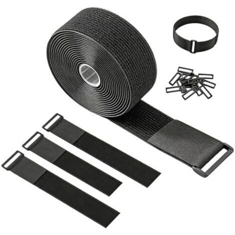 5 cm x 5 m Klettverschlussband, schwarze, verstellbare, wiederverwendbare Kabelbinder mit 25 Schlaufen, verstellbar, wiederverwendbar, zur Organisation von Kabeln, Rohren und Seilen, schwarz (1/5)