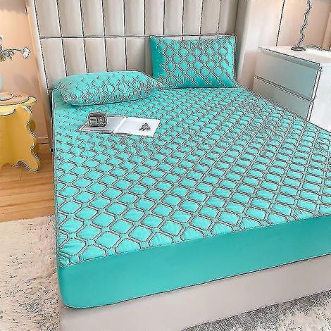 Drap-housse en coton chaud, protège-matelas imperméable et respirant (dimensions et couleur : 200 x 200 x 30 cm – motif à carreaux ondulés, vert) (1/5)