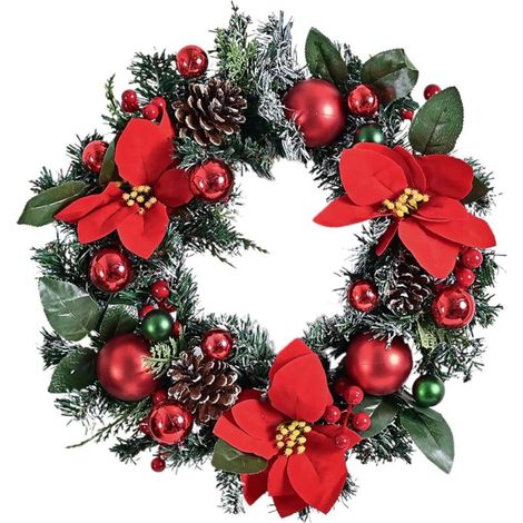 Bardusch-Guirlande de boules de Noël artificielles avec aiguilles de pin et fleurs de poinsettia, parfaite pour la porte d'entrée, la cheminée, la table extérieure, le centre de table (1/2)