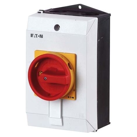 Eaton Interruptor principal, T0, 20 A, montaje, 1 unidad(es) constructiva(s), unipolar, función PARADA DE EMERGENCIA, con empuñadura giratoria roja y corona de bloqueo amarilla, bloqueable en posición