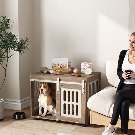 Meuble cage pour chien avec porte coulissante. maison pour chien de moyenne. table d'appoint. 80 x 59 x 63 cm. noyer