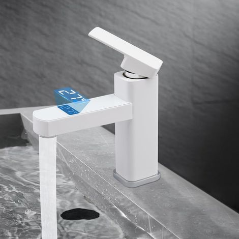 Waschbecken Armaturen, Waschbeckenarmatur G1/2 mit 2 Schläuche, Mischbatterie Waschbecken mit Digitale LED-Temperaturanzeige, Armatur für Waschbecken Badezimmer, Einhebelmischer