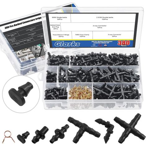Kit de raccords d'irrigation avec 380 pièces de connecteurs barbelés et pinces à ressort de 7 mm pour connecteurs de tuyau d'eau de 1/4 pouce, y compris barbes, embranchements, coudes, bouchon (1/5)